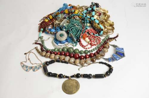 Three contemporary collar style necklaces, together with several bulbous beaded examples, one with