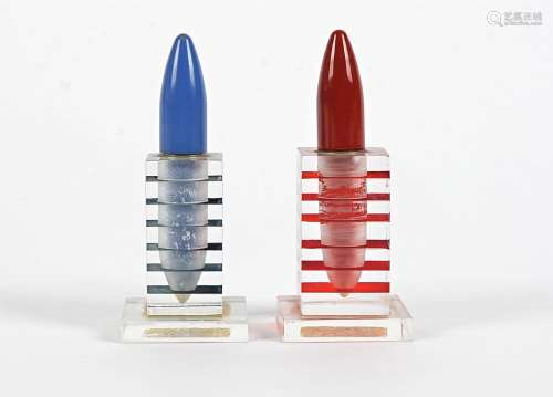 Two Art Deco Lucite lighters, of geometric design, modelled as lipsticks, height 8.5cm (2)
