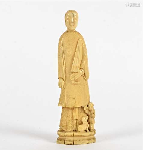 A Chinese marine ivory carving of a lady with an umbrella, probably walrus, with a young child and