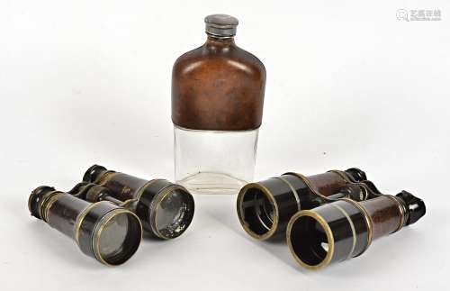 Two pairs of Victorian field glasses, together with a hip flask with a twist top lid and partially