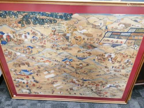 A large Mongolian watercolour scene, showing various encampments, horse riders, and communal