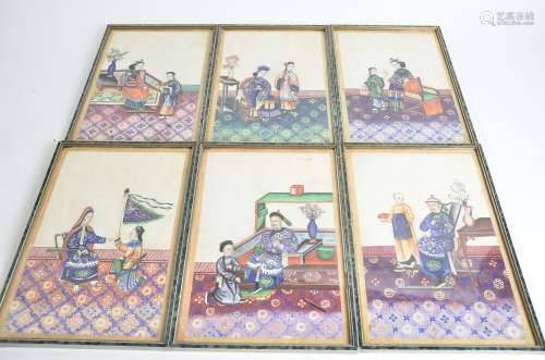 A set of six Chinese rice paper studies of interior scenes, each with a dignitary and young