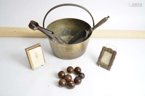 Eight 19th Century turned rosewood carpet bowls, together with a photograph frame, book of common