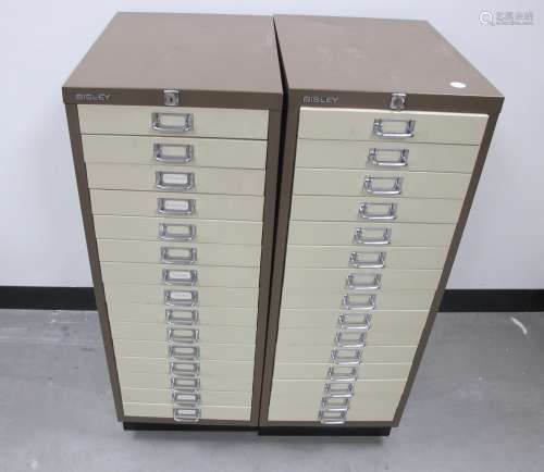 Pair of Bisley metal office filing cabinets, both with fifteen drawers, 35cm x 46cm x 94cm (2)