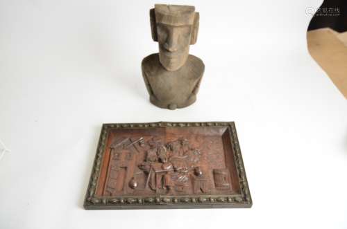 An Easter Island figure, height 38cm, along with various other African tribal carved figures and