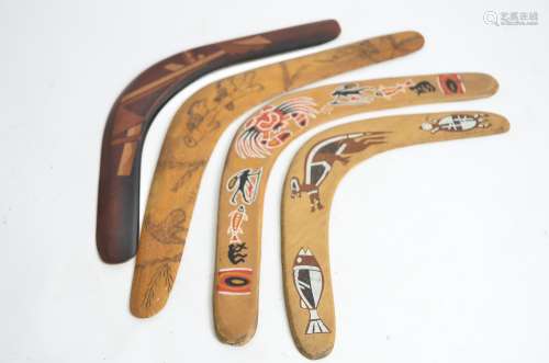 Four Aboriginal boomerangs, one being a Kookaburra, length 47.5cm