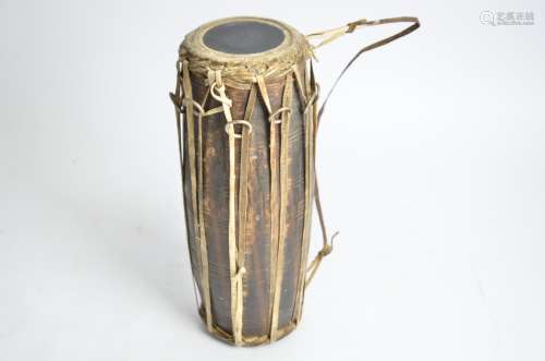 An African drum, constructed from animal hide, height 34cm