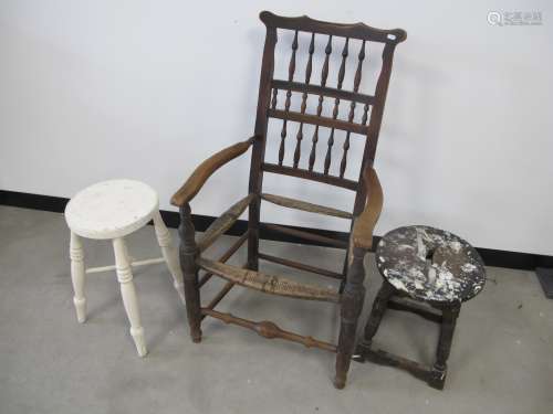 19th century oak and elm spindle back carver chair, missing rush seat, together with two circular