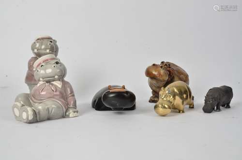 A small group of novelty hippopotamus collectables, to include a brass example, length 14cm, two