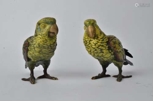 A pair cold painted bronze figures of Keas, each parrot with brightly coloured feathers, height 17.