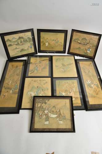 Ten Chinese silk prints, depicting elders, dignitaries, children, horse riders, immortals, games