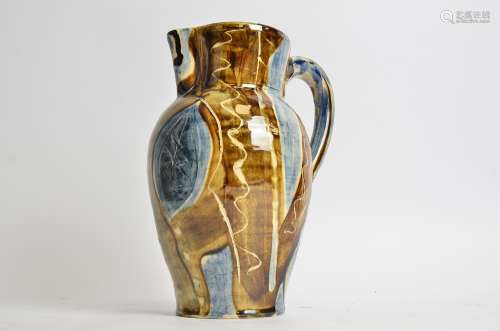 David Farland (b.1941) stoneware jug, with cream slip, iron ash glaze and brushwork decoration,