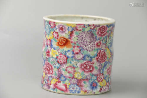 A Chinese Famille Rose Floral Porcelain Brush Pot
