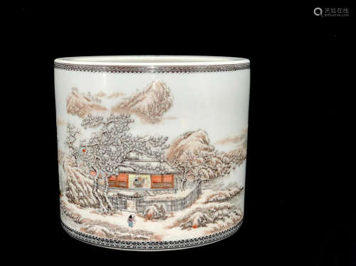 A Chinese Ink Color Painted Inscribed Porcelain Brush Pot