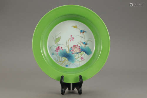 A Chinese Green Glazed Famille Rose Lotus Painted Porcelain Plate
