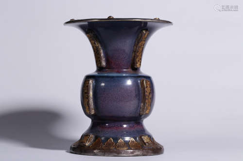 A Chinese Jun Kiln Silver Gild Gem Inlaid Porcelain Flower Vase
