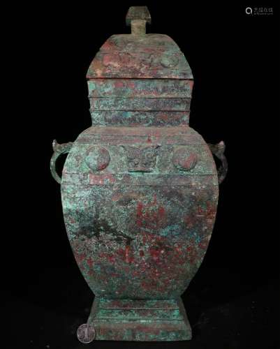 A CHINESE BRONZE BOTTLE WITH LID