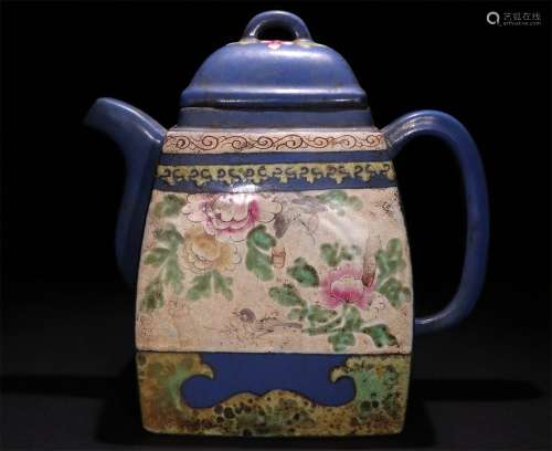 A CHINESE BOCCARO WITH BLUE GLAZE TEAPOT