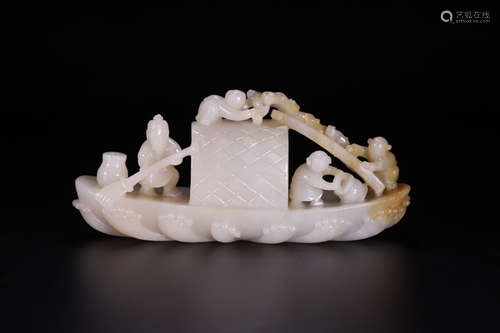 A Chinese Carved Hetian Jade Boat Ornament