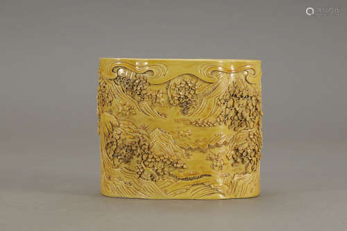 A Chinese Yellow Glaze Refief Landscape Porcelain Brush Pot