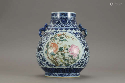 A Chinese Famille Rose Floral Porcelain Double Ears Zun