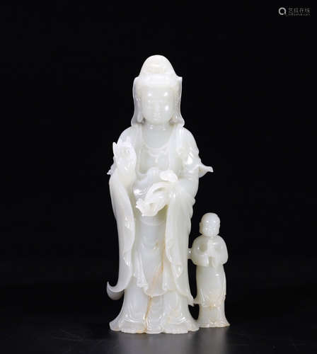 A Chinese Carved Hetian Jade Guanyin Statue