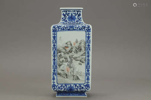 A Chinese Blue and White Ink Colored Landscape Porcelain Square Vase