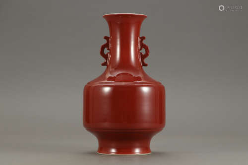 A Chinese Red Glazed Porcelain Double Ears Zun