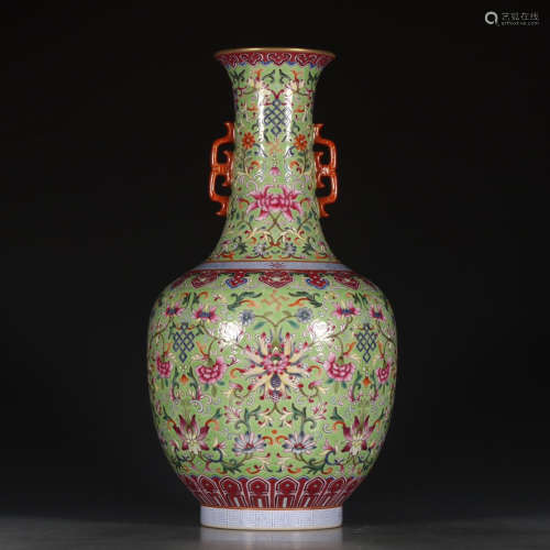 A Chinese Green Famille Rose Floral Porcelain Double Ears Vase