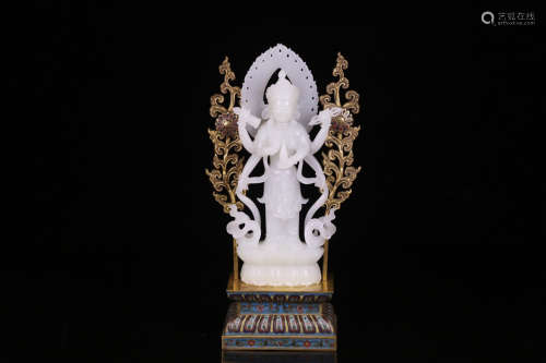 A Chinese Carved Hetian Jade 6 Arms Guanyin Statue