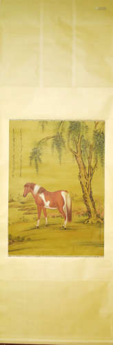 A Chinese Flower and Horse Painting Silk Scroll