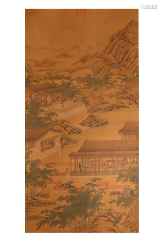 A Chinese Landscape Painting Silk Scroll, Lang Shining Mark