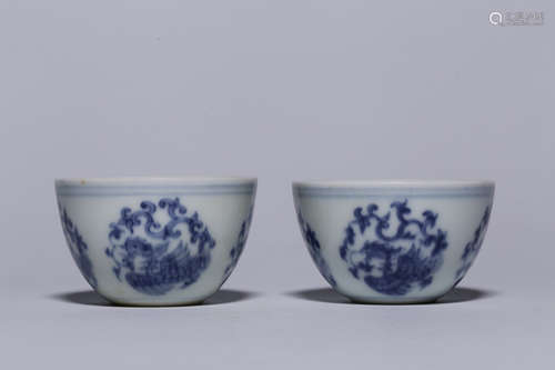 A Pair of Chinese Blue and White Floral Porcelain Cups