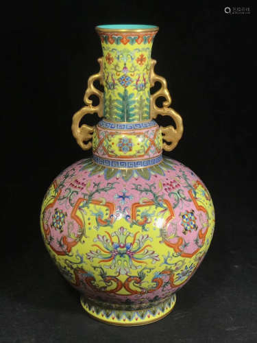 A Chinese Yangcai Floral Porcelain Double Ears Vase