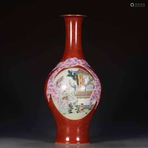 A Chinese Wood Grain Glazed Figure Painted Porcelain Vase