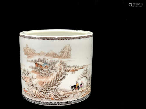 A Chinese Ink Color Painted Inscribed Porcelain Brush Pot