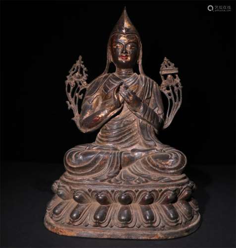A CHINESE BRONZE PAINTED GOLD TSONGKHAPA STATUE