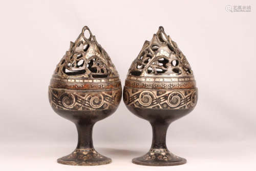 A Pair of Chinese Gold and Silver Inlaying Incense Burner