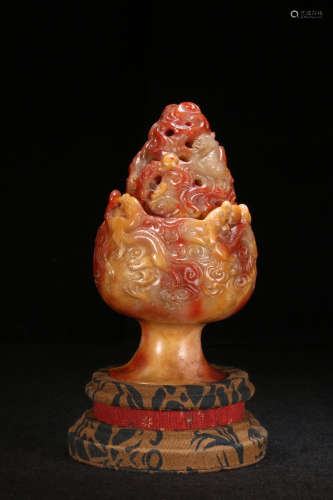 A Chinese Carved Shoushan Ross Quartz Incense Burner Ornament