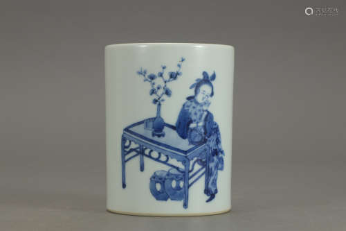 A Chinese Blue and White Figure Painted Porcelain Brush Pot