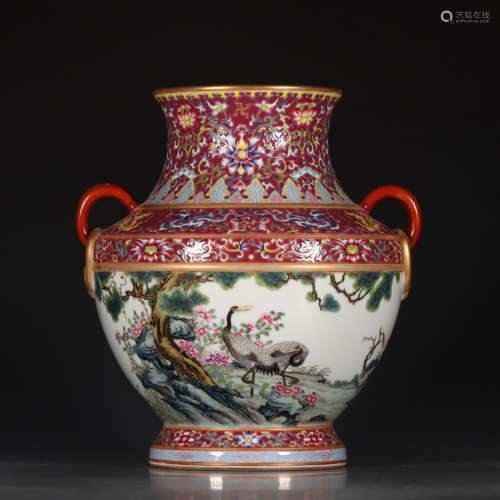 A Chinese Famille Rose Carmine Painted Porcelain Double Ears Vase