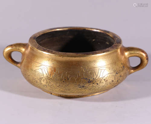 A Chinese Gild Copper Double Ears Incense Burner