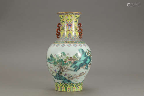 A Chinese Famille Rose Landscape Painted Porcelain Vase