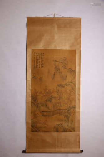A Chinese Landscape Painting Silk Scroll, Wen Zhengming Mark