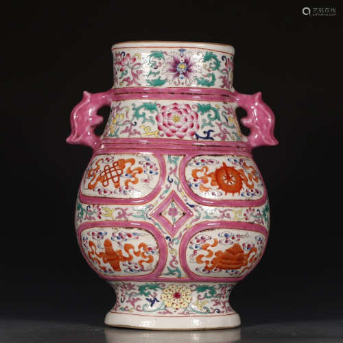 A Chinese Famille Rose Porcelain Double Ears Zun