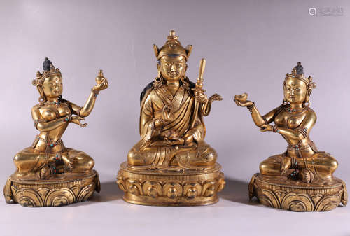 3pcs Chinese Gild Copper Buddha Statue