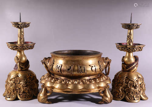 A Set Chinese Gild Copper candlestick and Incense Burner