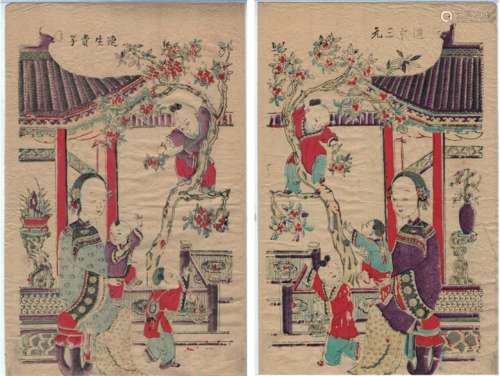 清早期，杨柳青木版年画“连中三元”“连生贵子”（杨柳青年画，全称