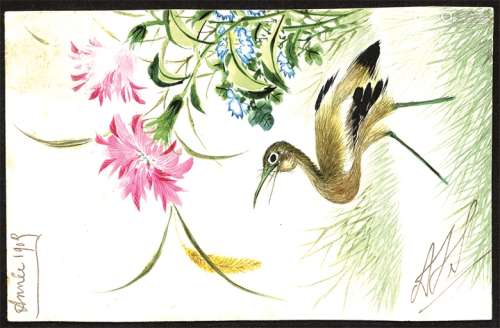 清代背手绘花鸟工笔画实寄明信片一件。