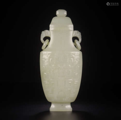 CHINESE CARVED HETIAN JADE VASE W/ COVER